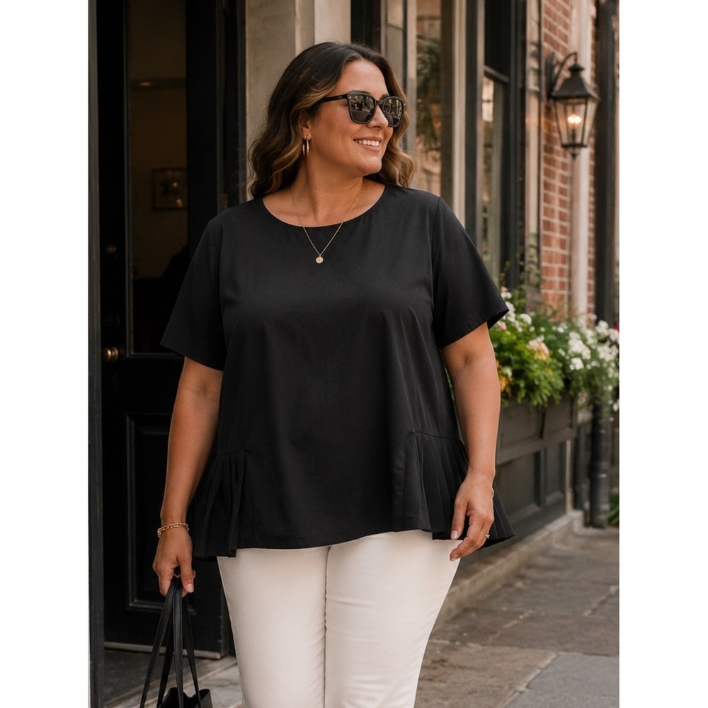 Eloquii Black Pleated Hem Blouse Women's Plus Size 22 Textured Work Office Top